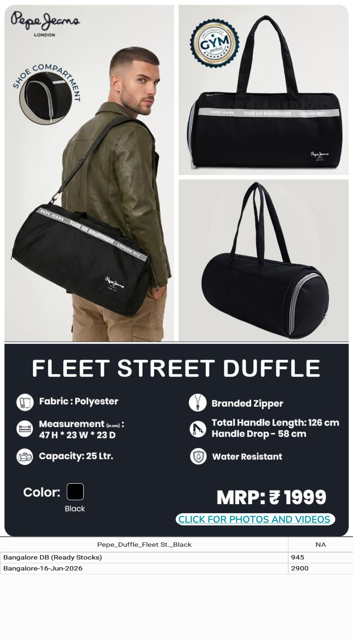 CGB1270 CGB-2026-PEPE JEANS-FLEET STREET DUFFLE-BLK - Image 1