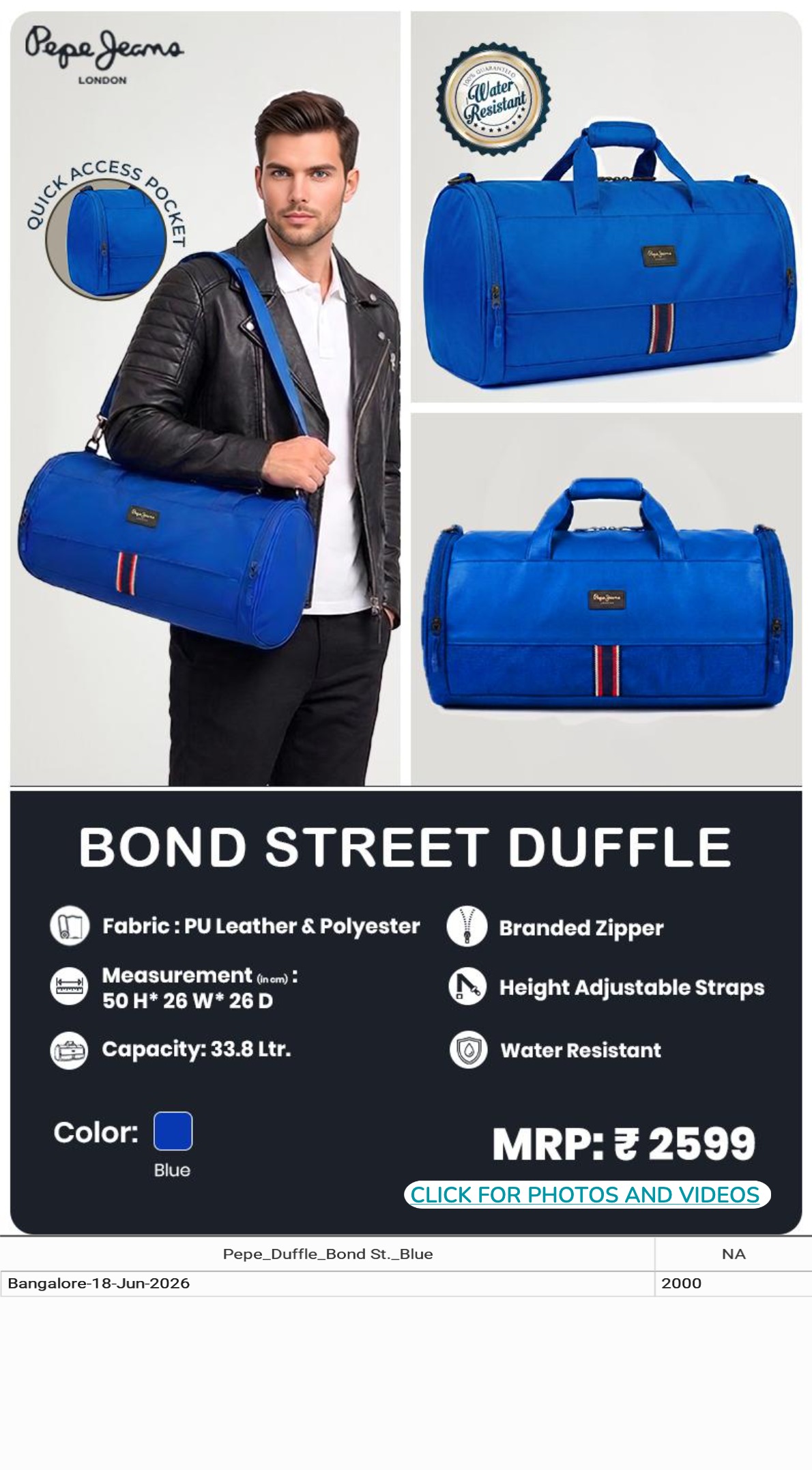 CGB1278 CGB-2026-PEPE JEANS-BOND STREET DUFFLE BLUE - Image 1