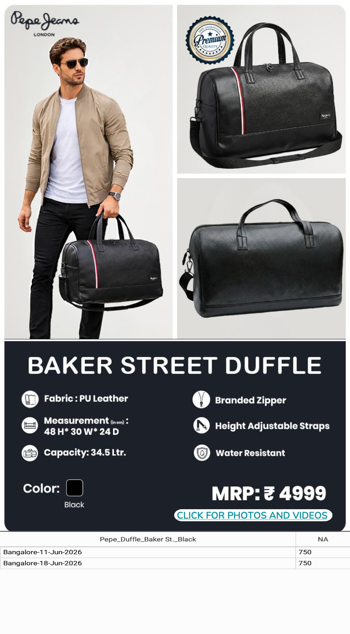 CGB1282 CGB-2026-PEPE JEANS-BAKER STREET DUFFLE BLACK - Image 1